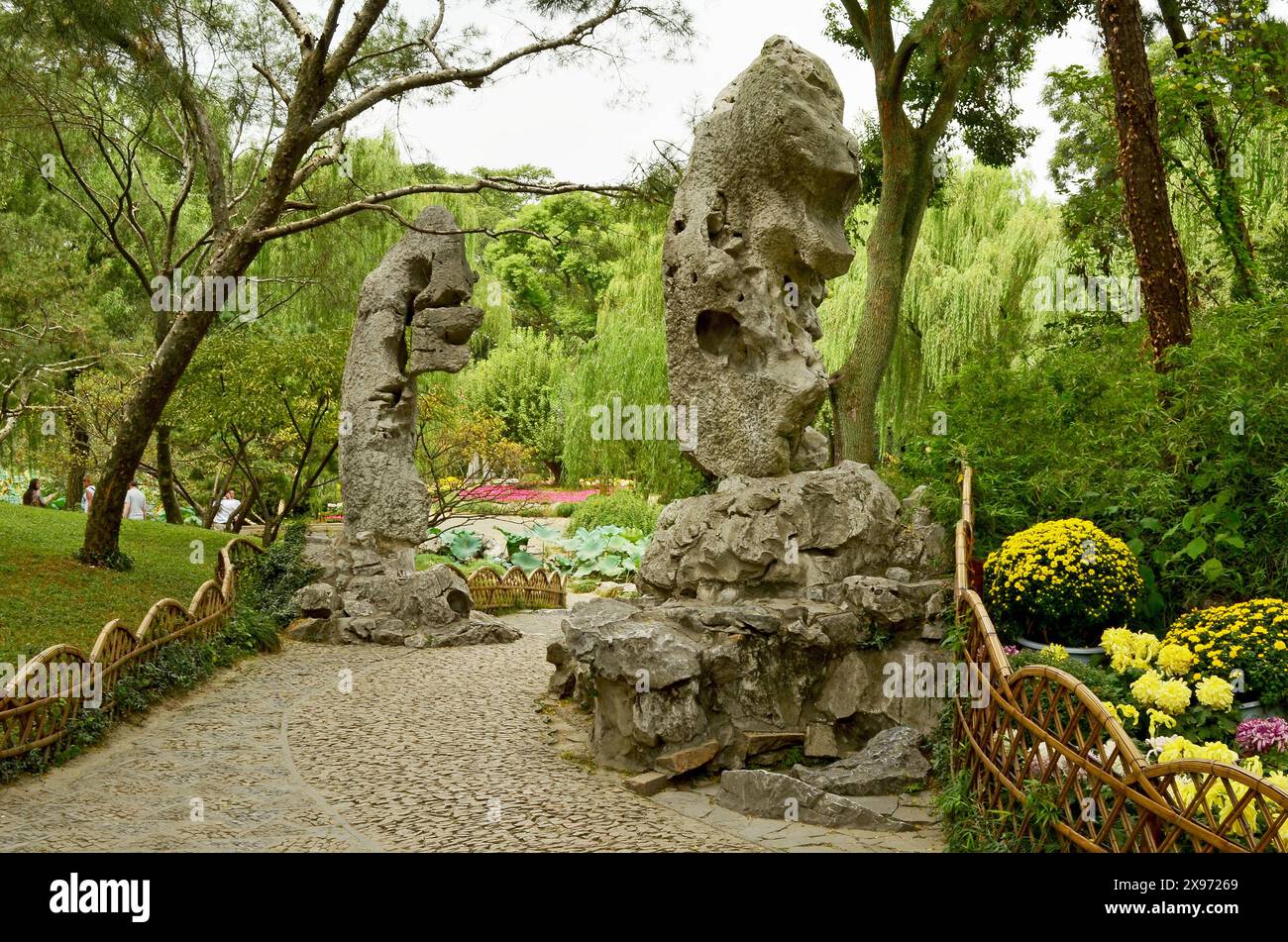 Yellow Stone Granite Rock Structures at Humble Administrator`s Garden, Suzhou, Jiangsu, China Stock Photo